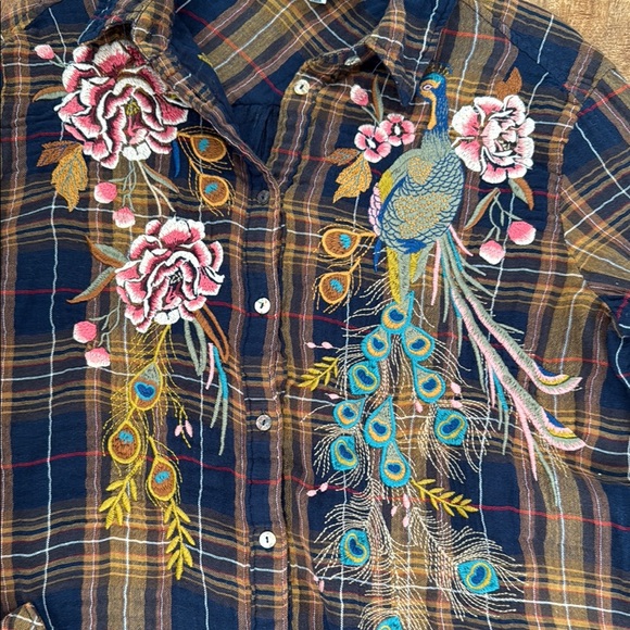 Johnny Was workshop Floral Embroidered Plaid Shirt - Picture 4 of 8